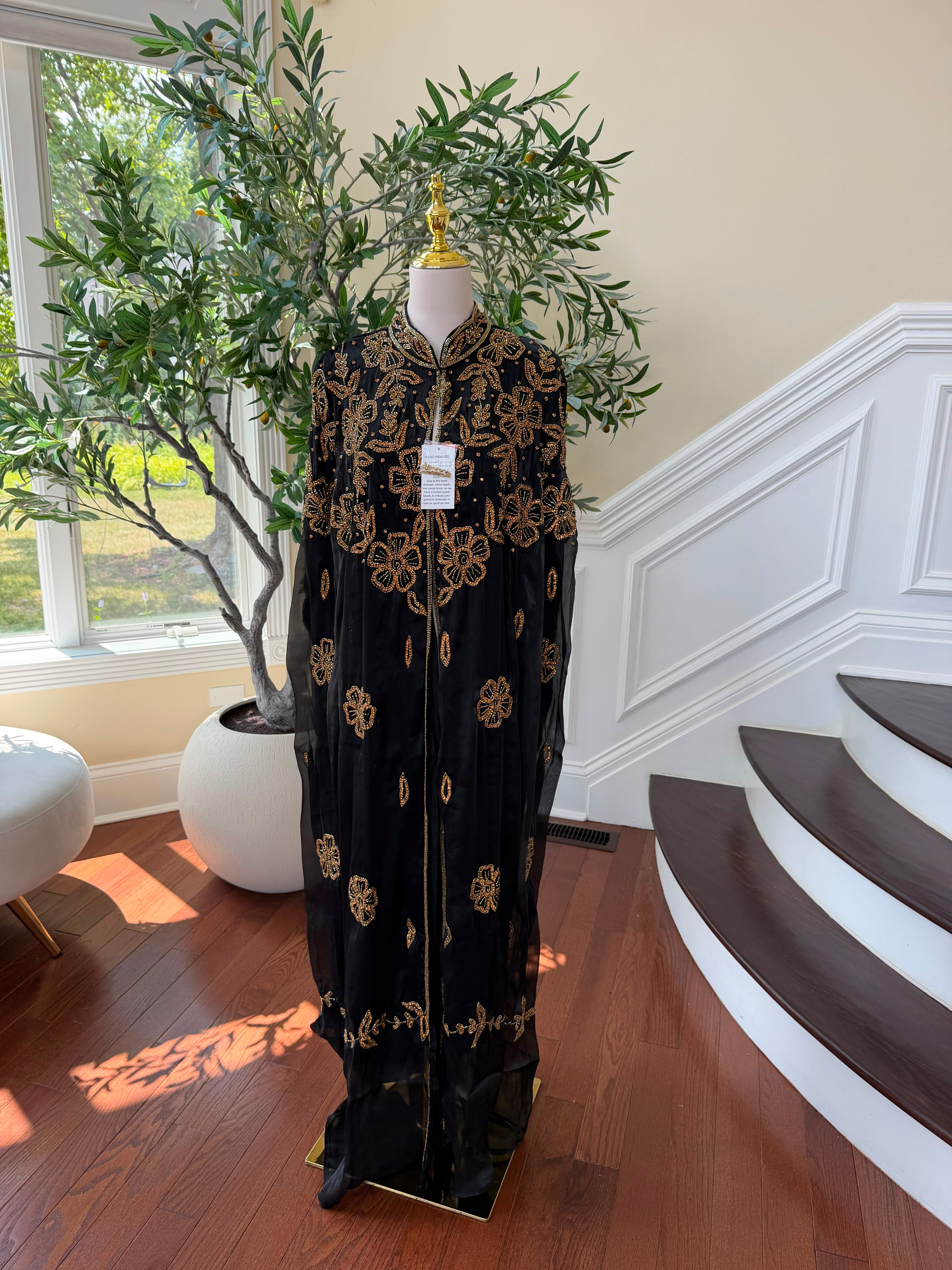 Golden Floral Black Cardigan Abaya