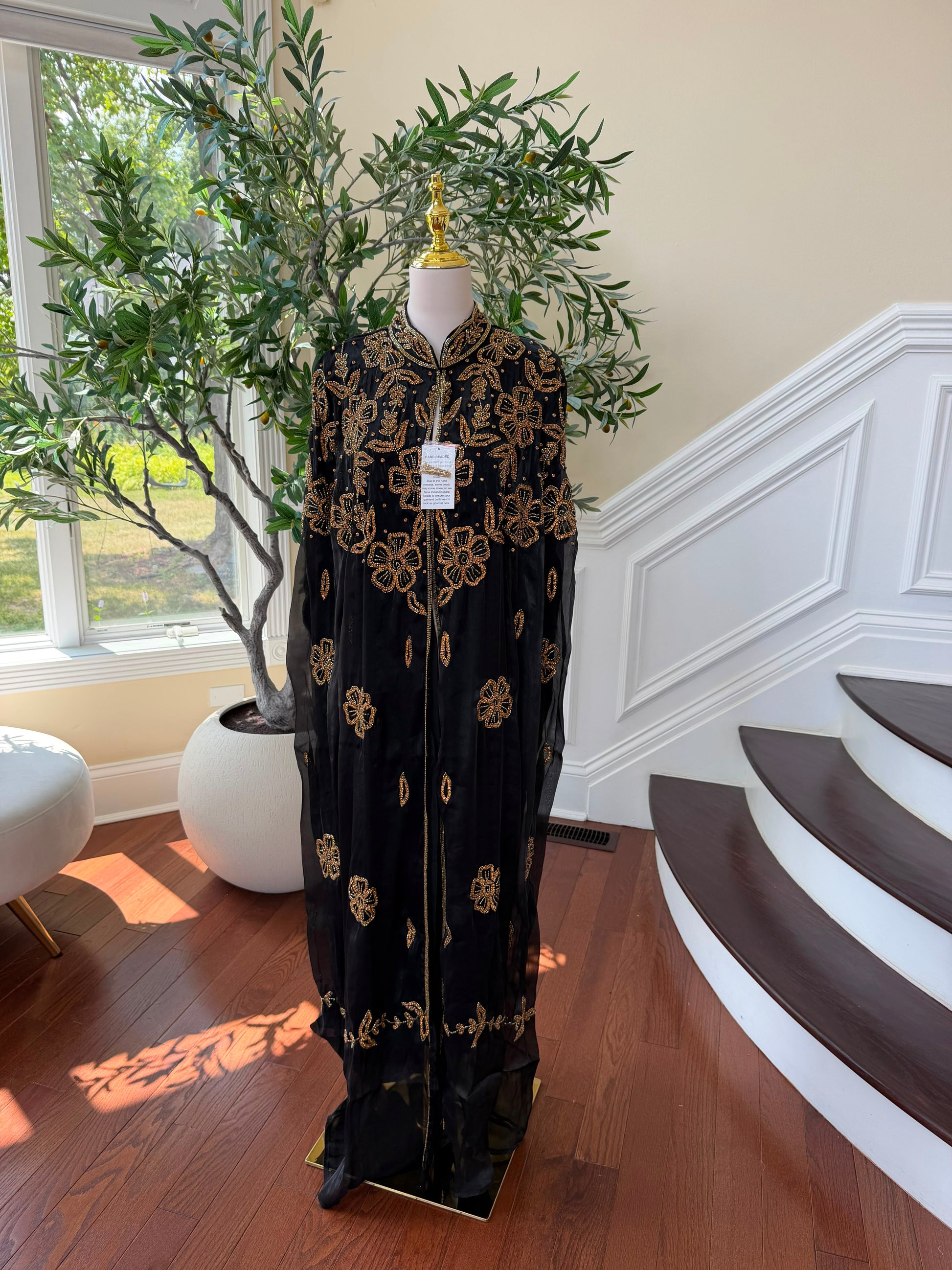 Golden Floral Black Cardigan Abaya