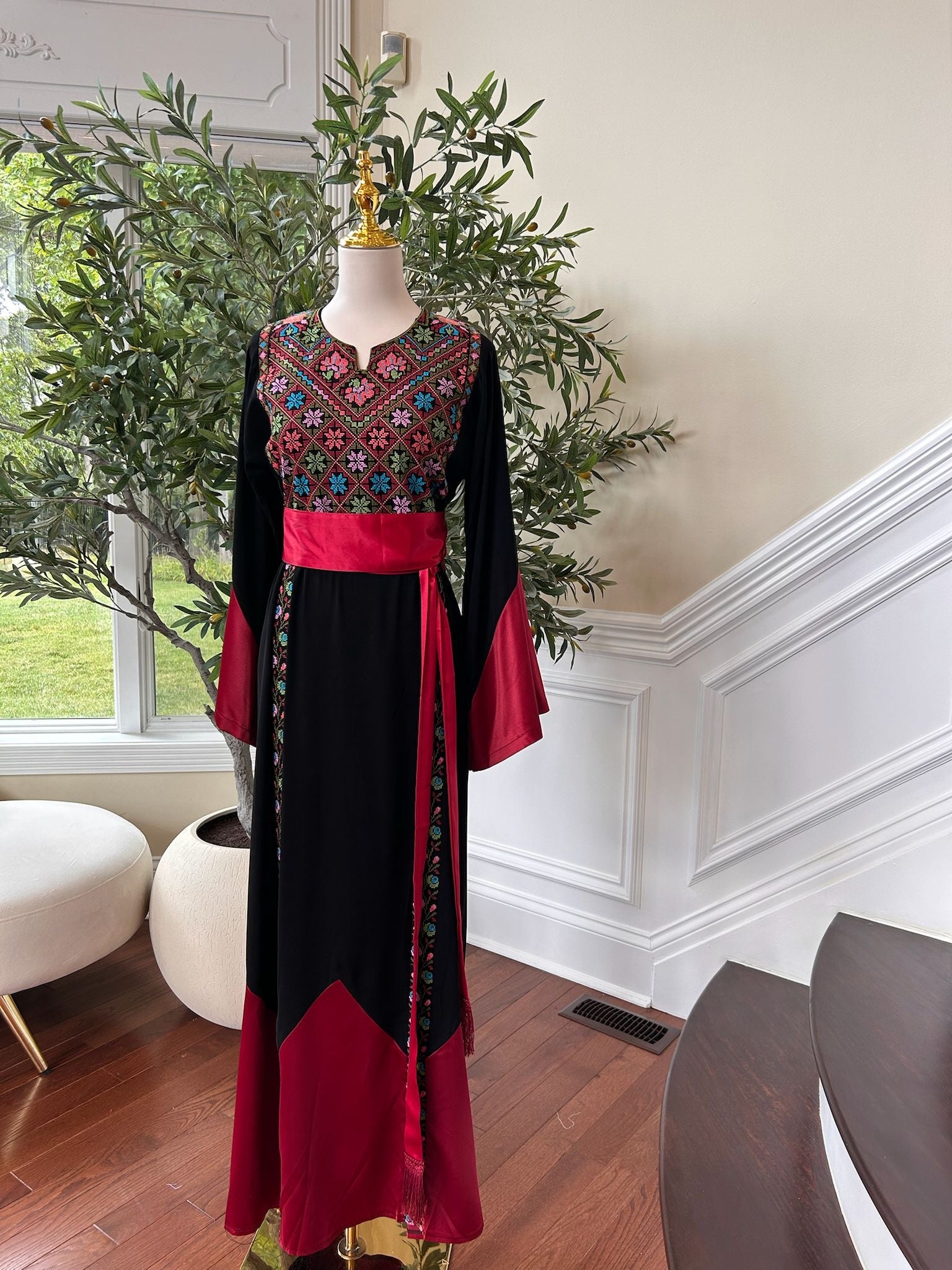 Black Tatreez Embroidery Thobe  Satin Red Detail