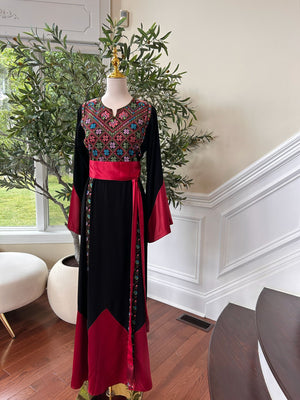 Black Tatreez Embroidery Thobe  Satin Red Detail