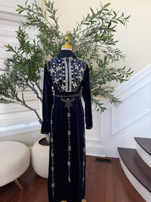 Navy Blue Velvet Beaded Stone Charm Abaya