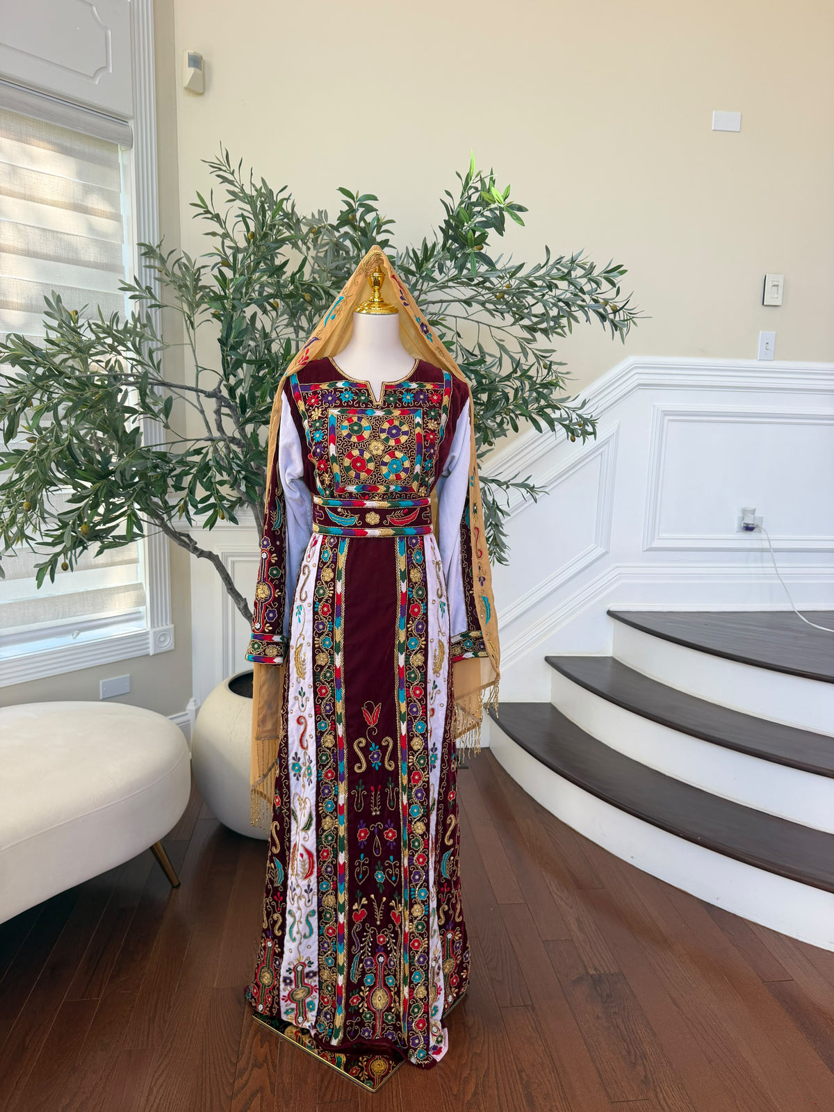 Elegant Burgundy Velvet Thobe with Colorful Embroidery and Matching Skirt included (scarf not included)