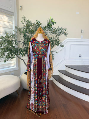 Elegant Burgundy Velvet Thobe with Colorful Embroidery and Matching Skirt included (scarf not included)