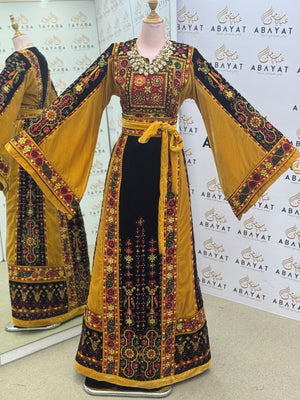 Premium Palestinian Malakah Velvet Thobe – Mustard Gold & Black Embroidery