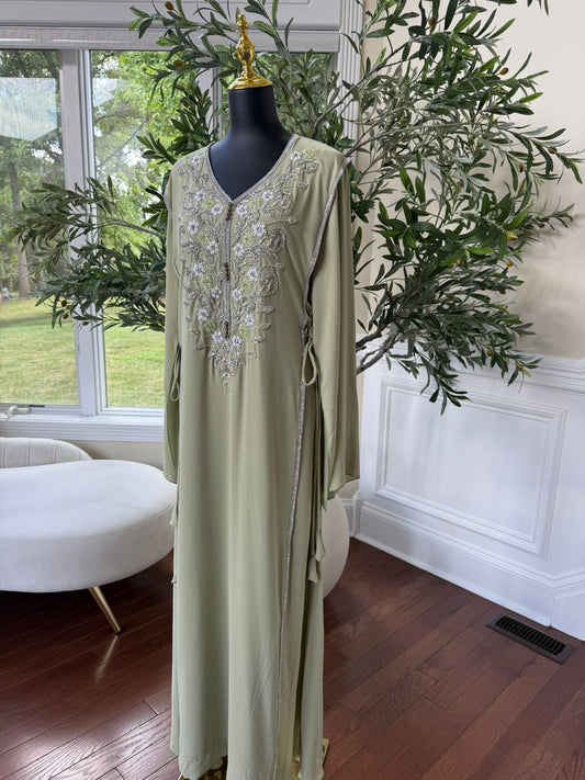 Elegant Sage Green Embroidered Kaftan – Formal Occasion Wear