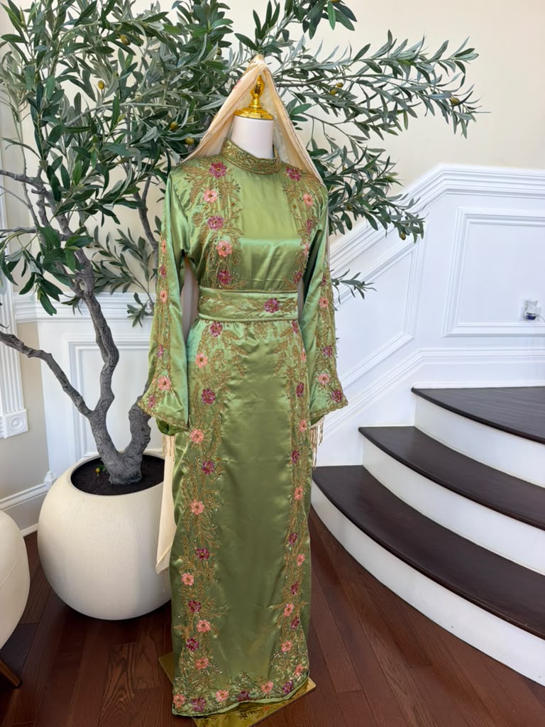 Elegant Sage Green Satin Thobe with Pink Floral Embroidery, Gold Detailing, and Matching Belt( scarf not included)