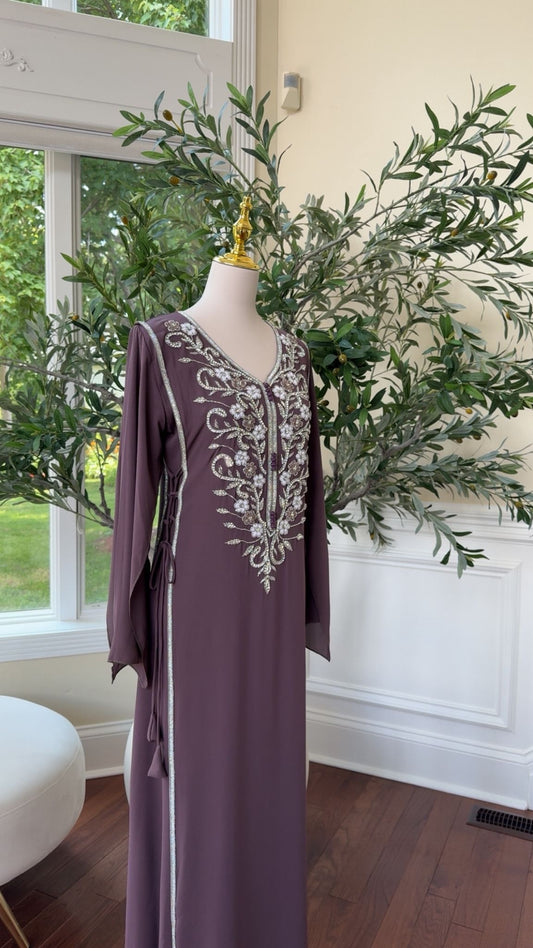 Modest Purple Kaftan with Elegant Floral Beading