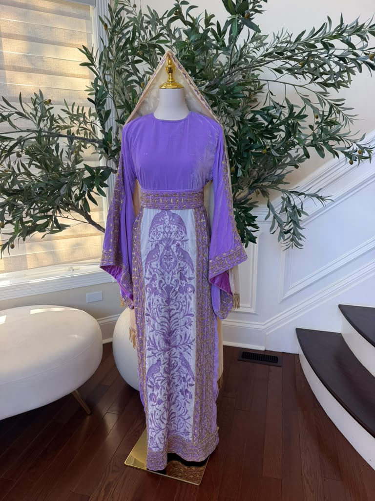 Elegant Lavender Velvet Palestinian Thobe with Gold Embroidery(scarf not included)