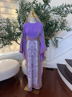 Elegant Lavender Velvet Palestinian Thobe with Gold Embroidery(scarf not included)