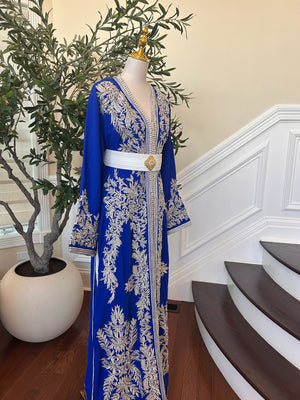Royal Blue White Floral Detail Kuftan