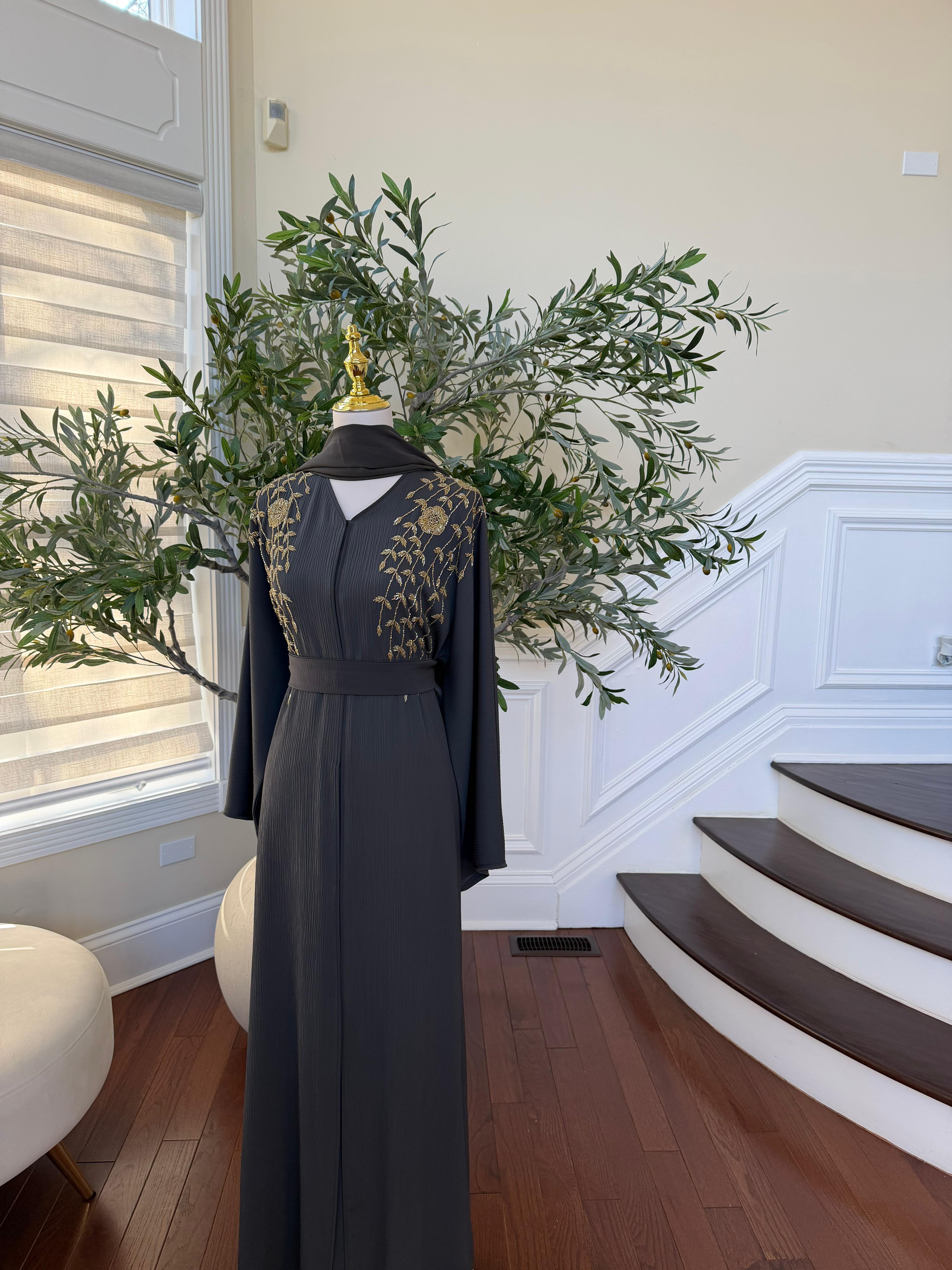 Golden Grey Beaded Floral Abaya