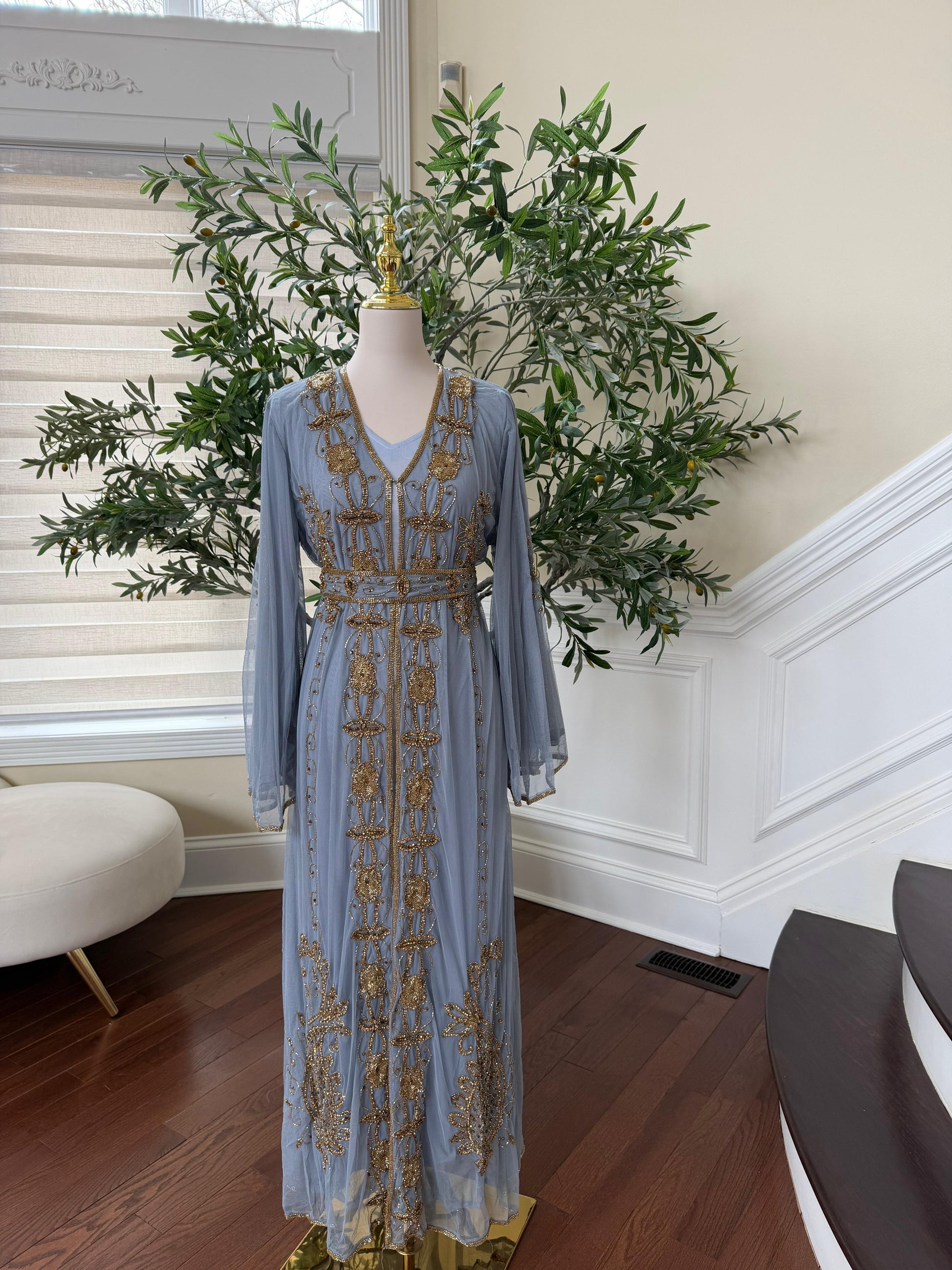 Baby Blue Golden Stone Cardigan Abaya