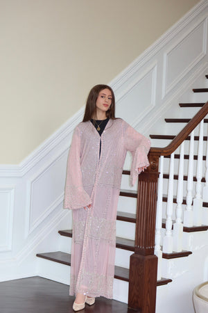 Pink Radiance Abaya – Crystal Elegance in Rose Glow