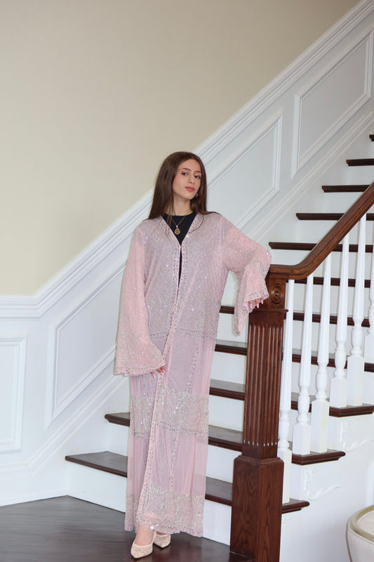 Pink Radiance Abaya – Crystal Elegance in Rose Glow