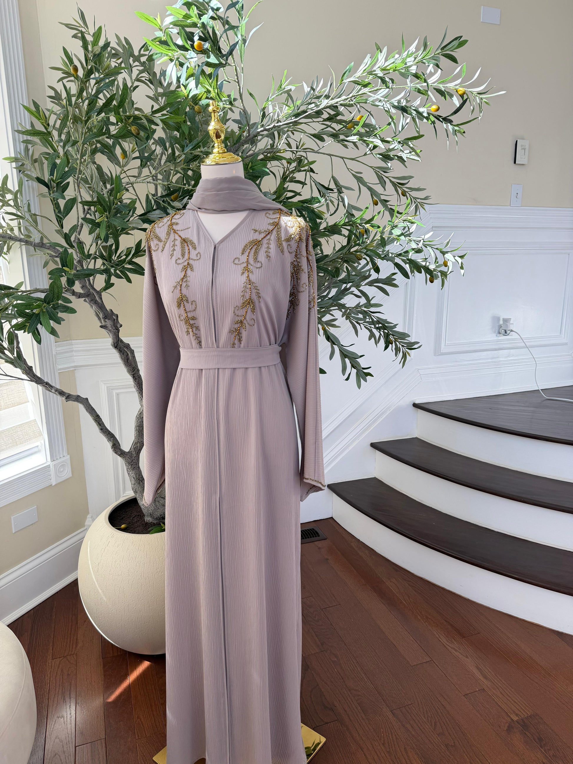 Cream Golden Floral Abaya