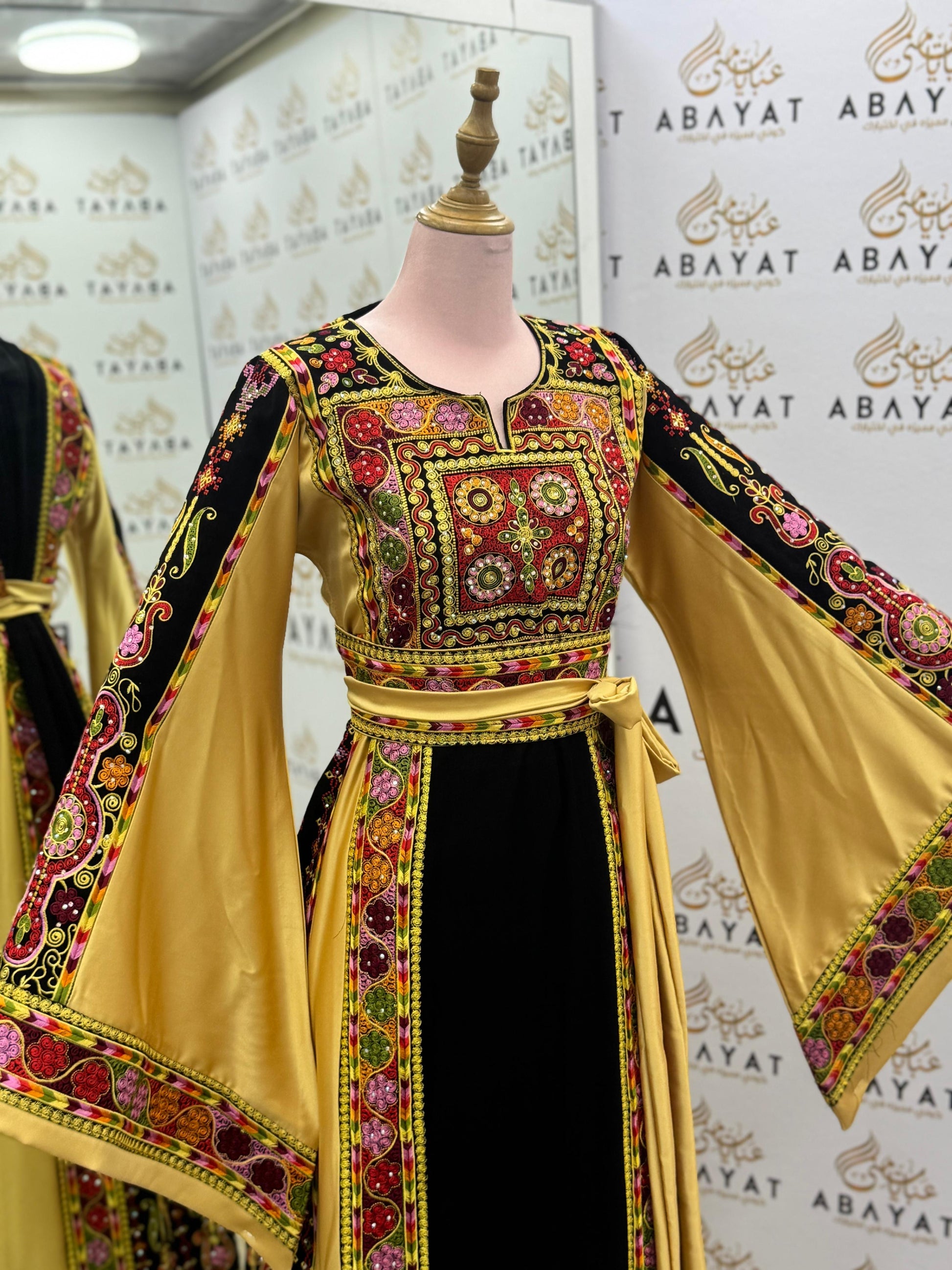 Traditional Palestinian Thobe in Black & Gold with Multicolor Tatreez