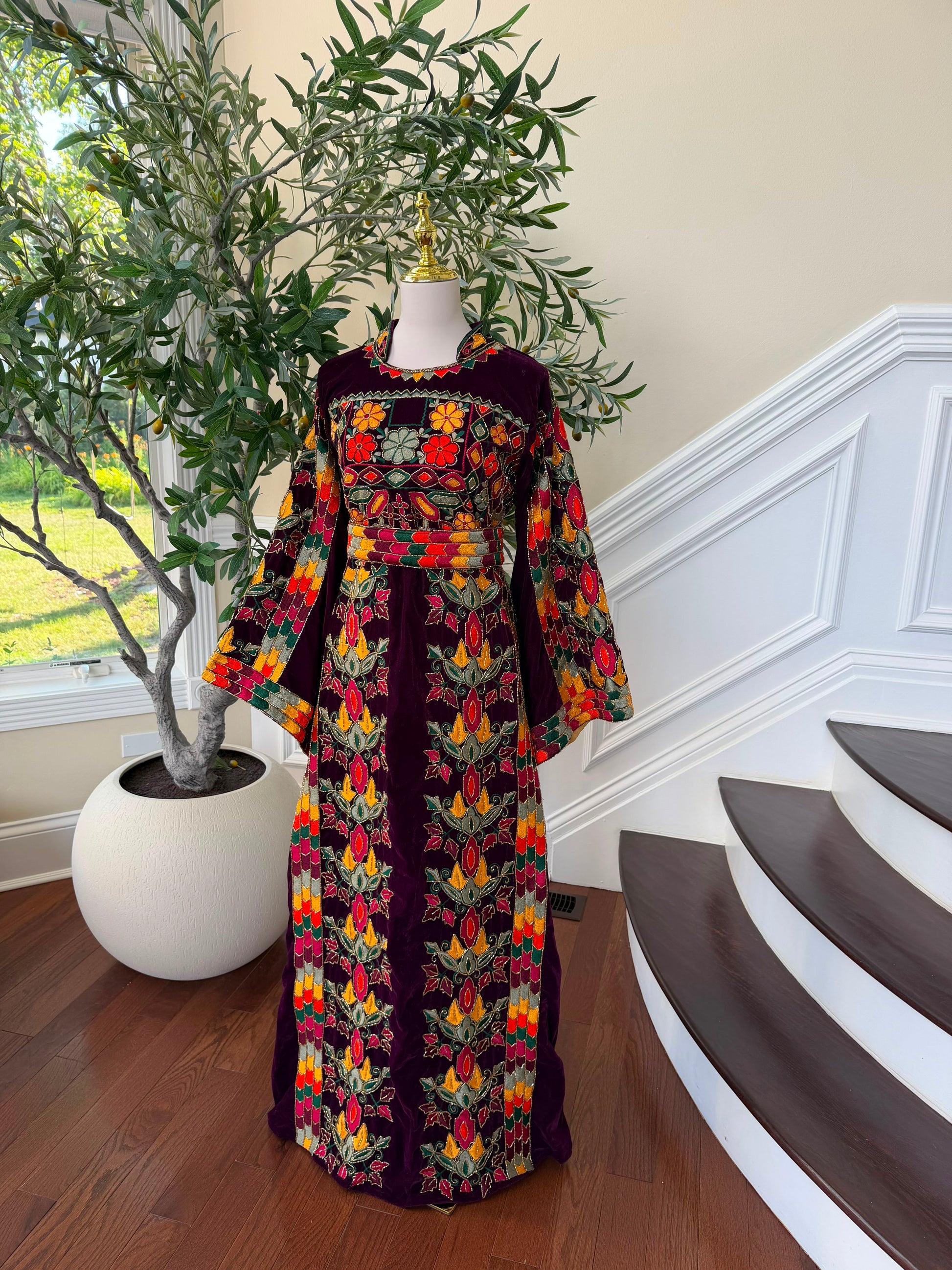 Burgundy Velvet Beaded Stone Thobe