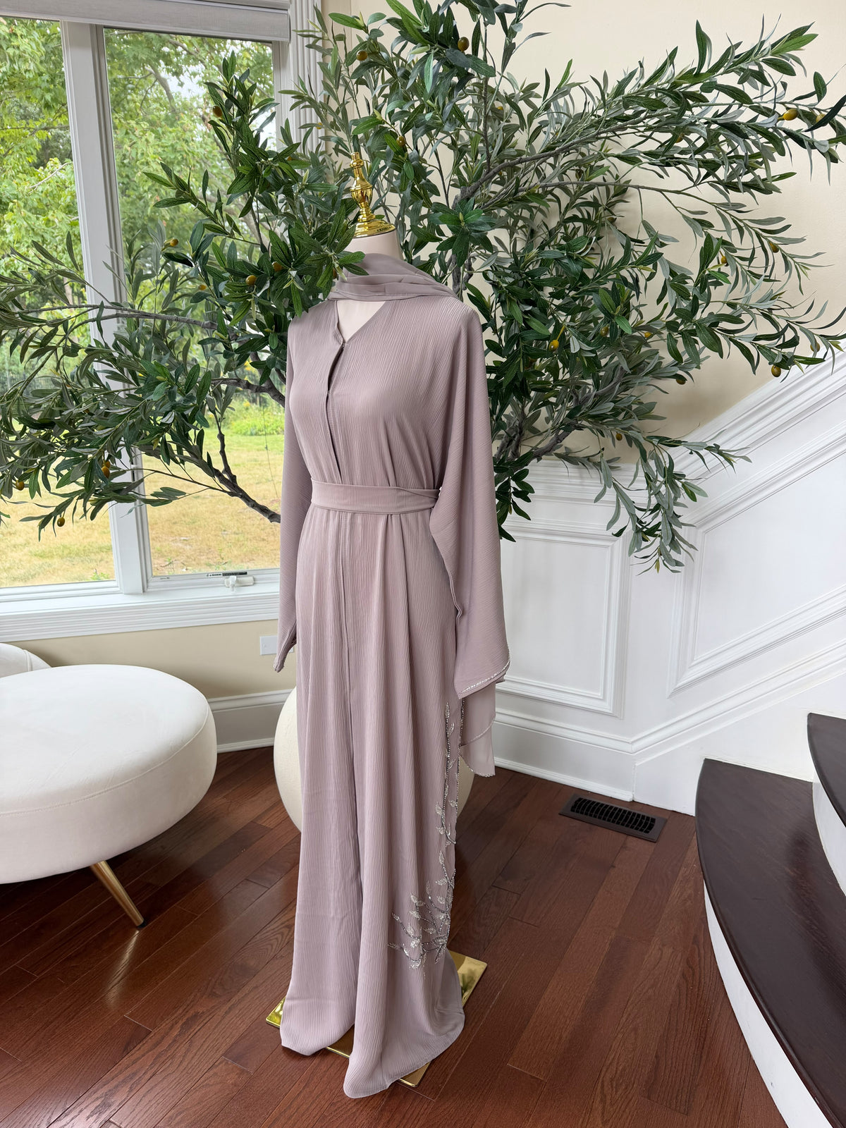 Tan Beaded Elegance Floral Abaya