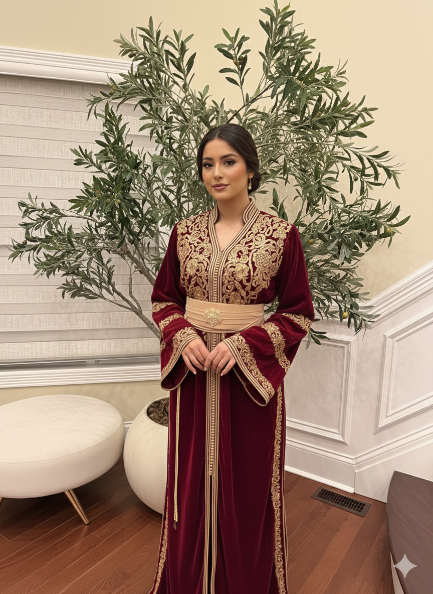 Red Majestic Velvet Kuftan with Golden Embellishment