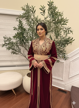 Red Majestic Velvet Kuftan with Golden Embellishment