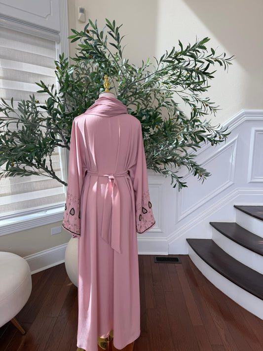 Pink Rose Sleeve Design Beaded Abaya