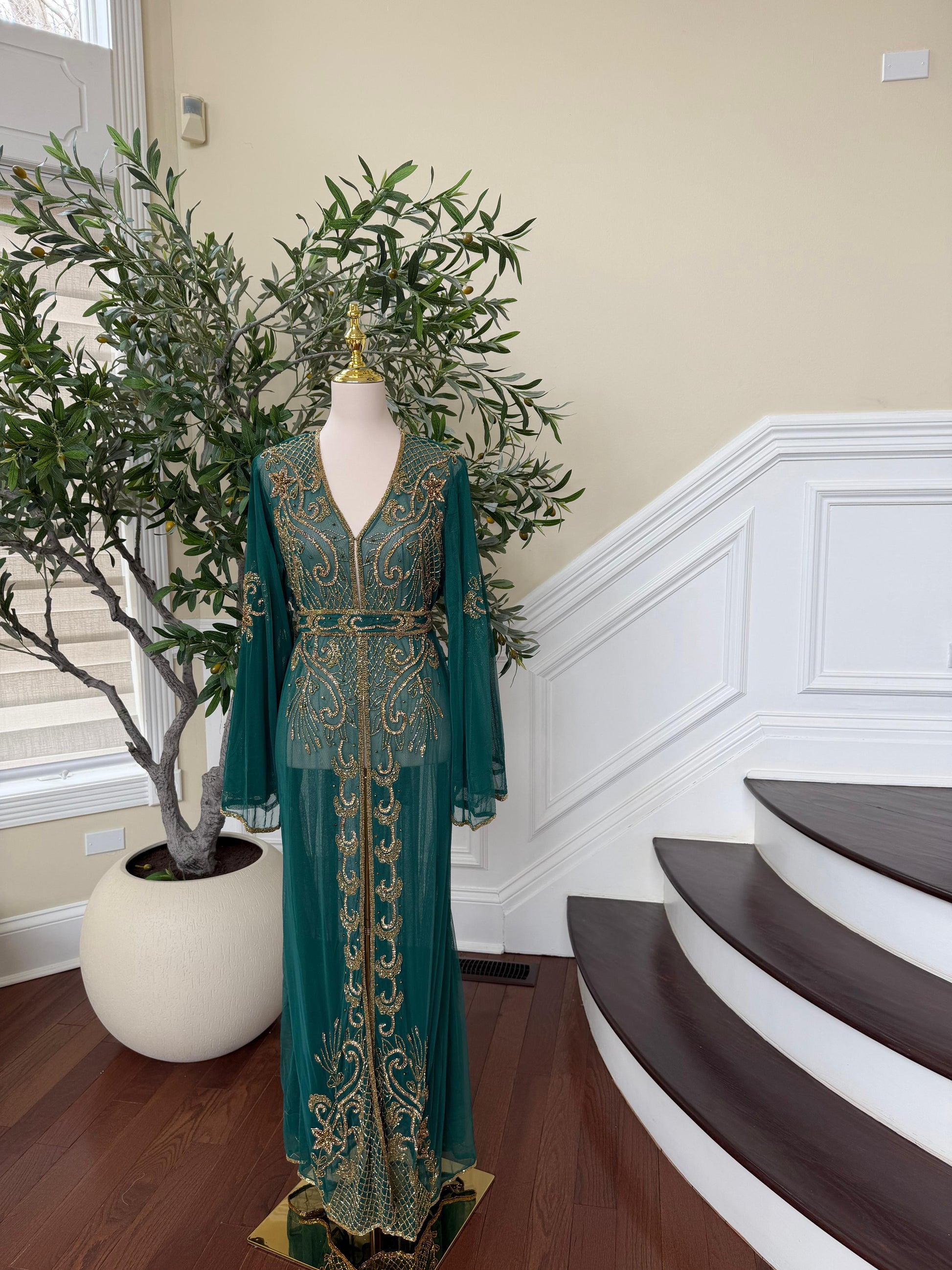 Emerald Green Stone Cardigan Abaya