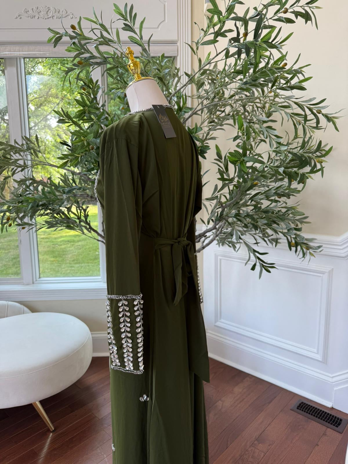 Olive Forest Bloom – Modest Kaftan with Hand-Embellished Neck & Sleeves