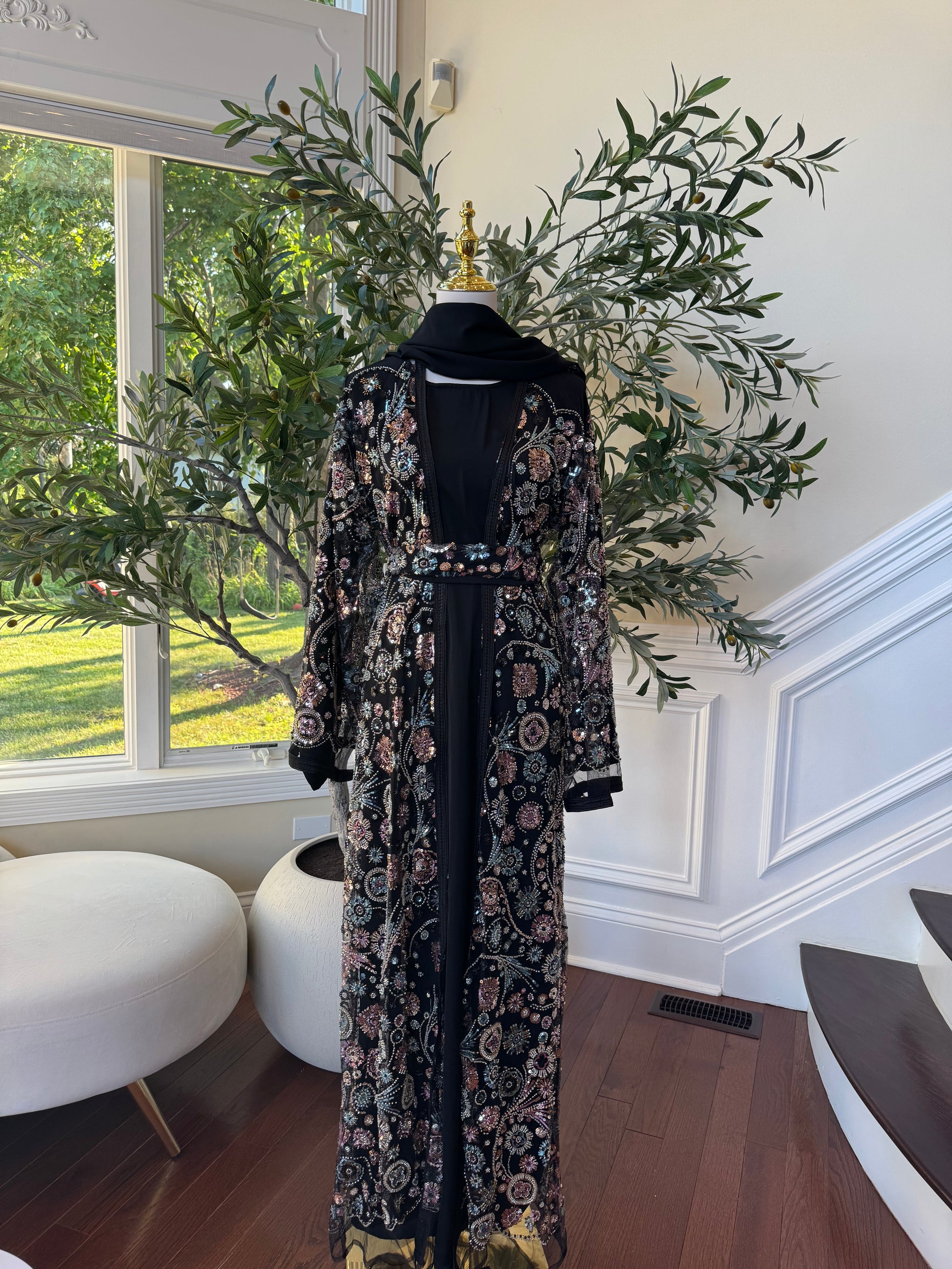Black Diamond Sequin Floral Abaya