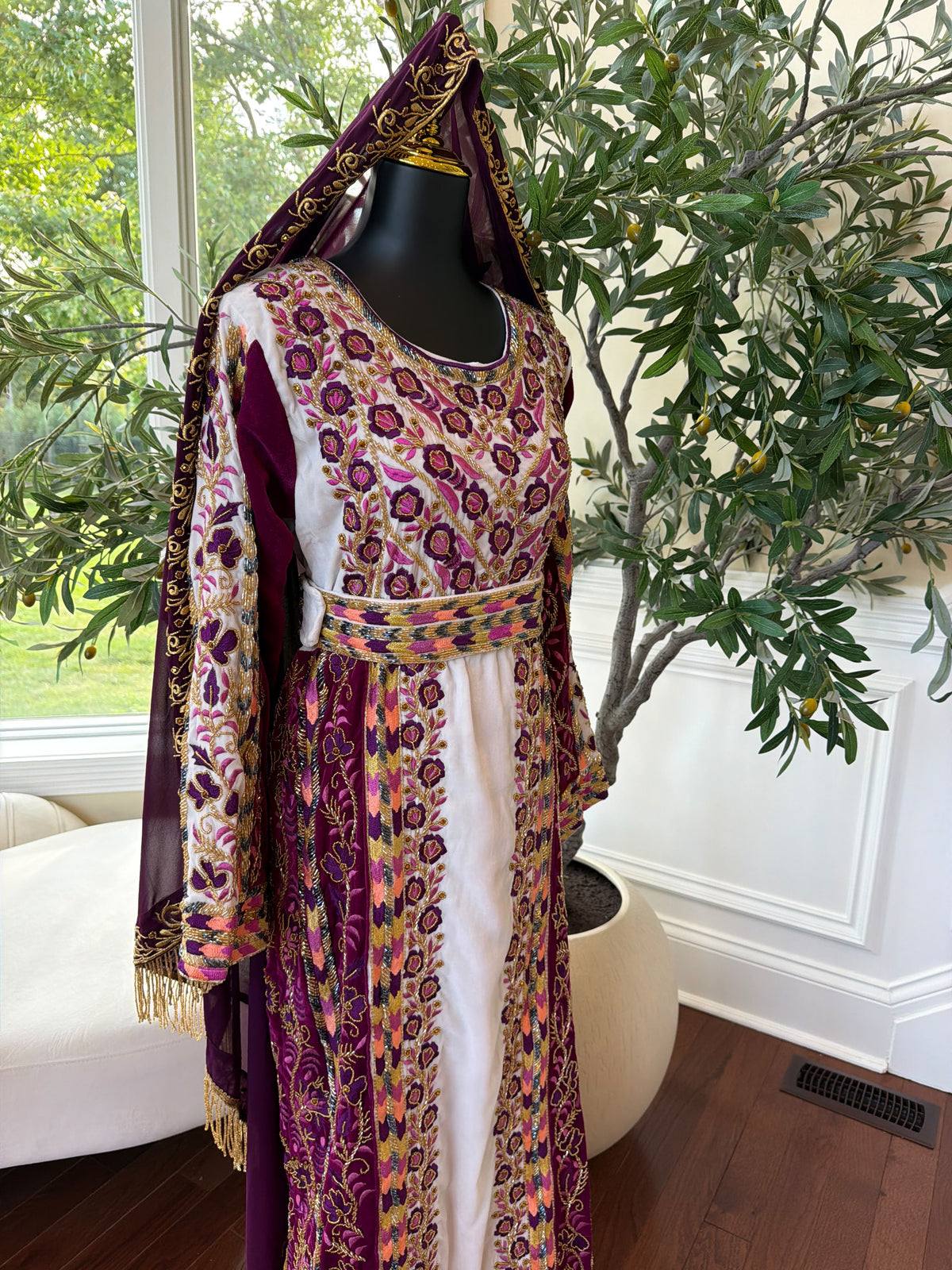 Elegant Purple and Cream Thobe with Intricate Floral Embroidery and Gold Accents (scarf not included)