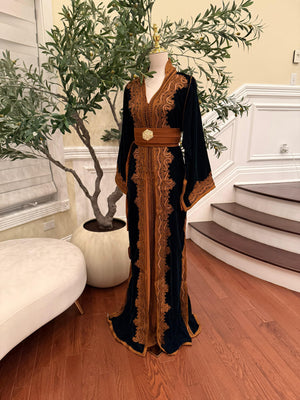 Forest Emerald Green Whisper Velvet Kuftan Brown Embroidery