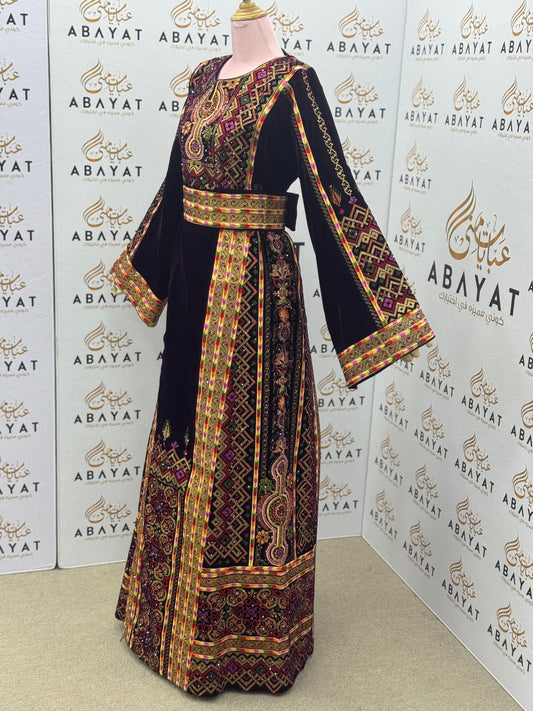 Burgundy Velvet Palestinian Embroidered Thobe – Elegant Tatreez Heritage Dress A09042025