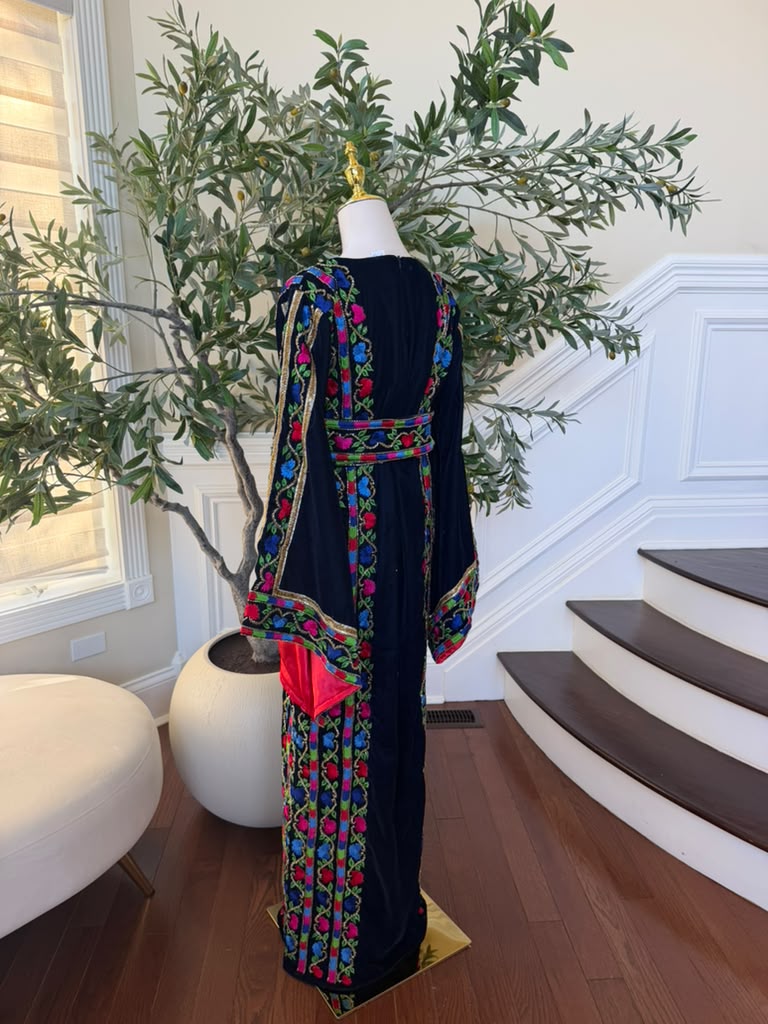 Elegant Navy Blue Velvet Palestinian Thobe with Vibrant Multicolor Floral Embroidery(scarf not included)
