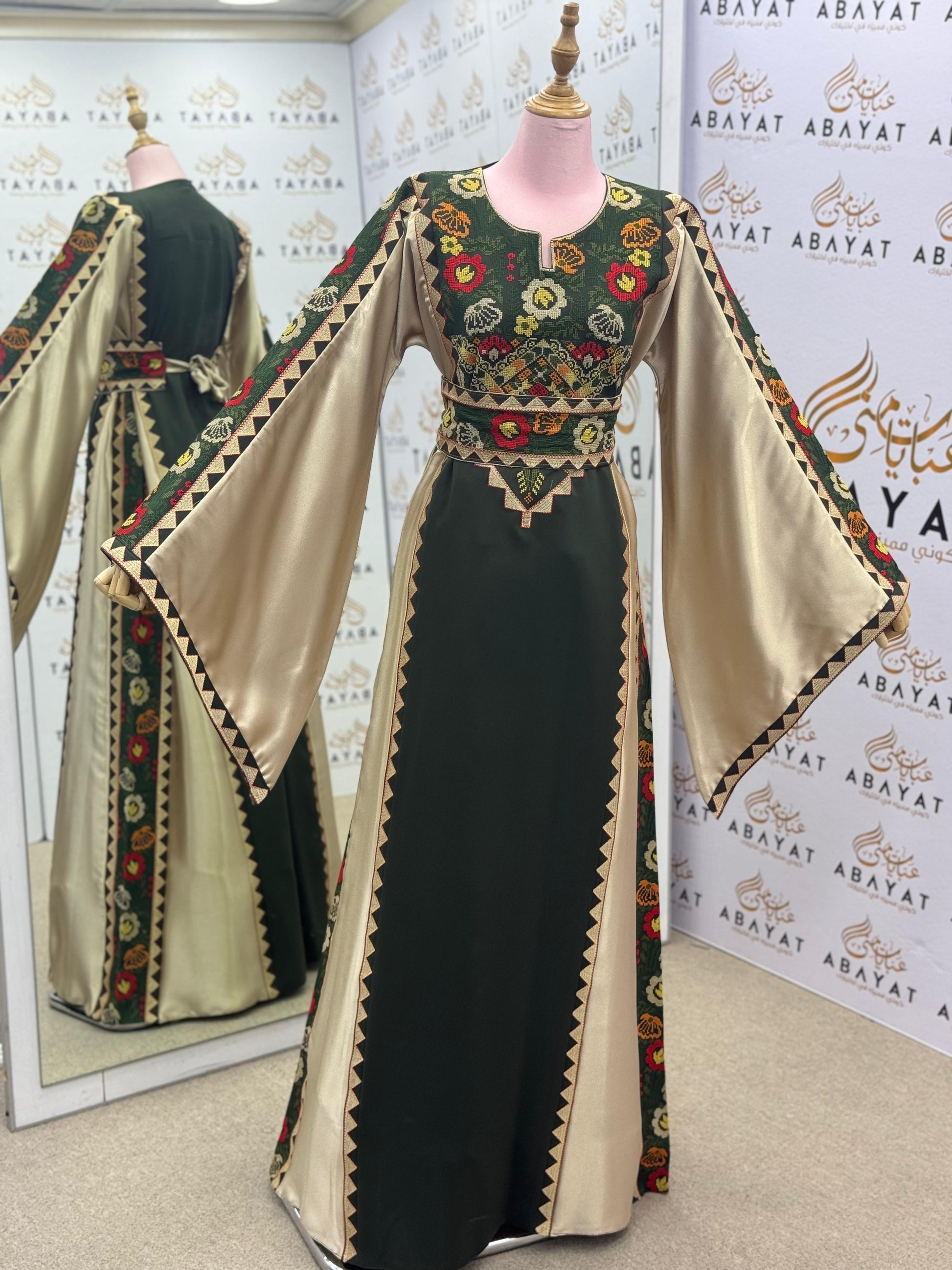 Olive Green & Gold Palestinian Embroidery Thobe – Floral Heritage Design A09082025