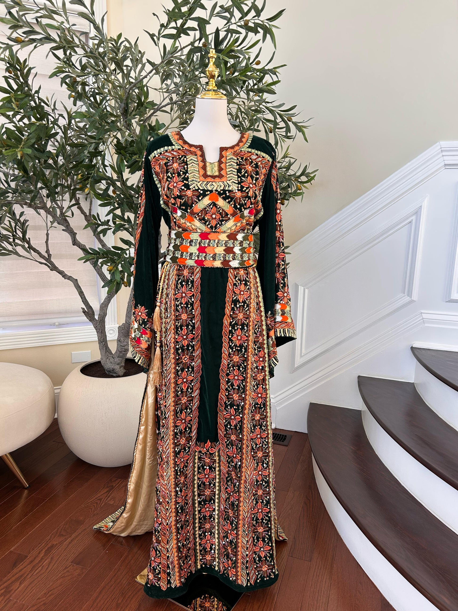 Green Velvet Handmade Embellished Beaded Thobe with Detachable Skirt