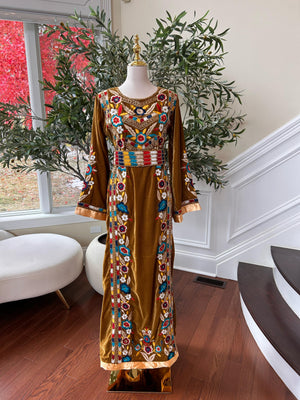 Golden Mustard Velvet Beaded Stone Thobe