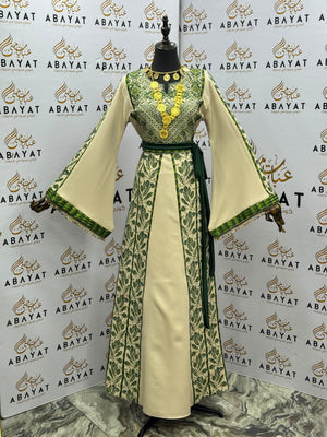 Ivory & Olive Green Palestinian Embroidered Thobe