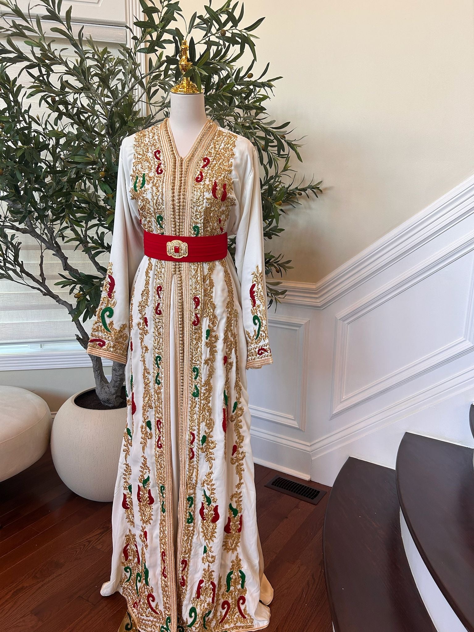 White and Red Detailed Kuftan