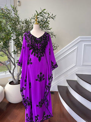 Royal Purple Kuftan Dress with Black Beaded Detail