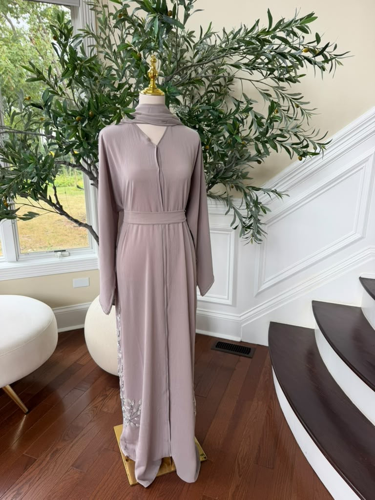 Tan Beaded Elegance Floral Abaya