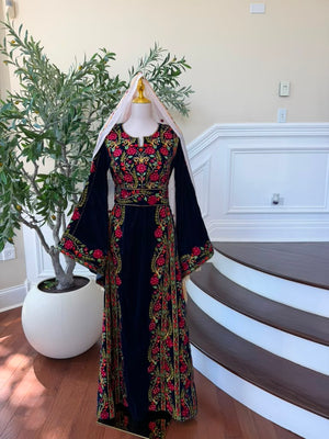 Velvet Blue Floral Embroidered Tatreez Thobe
