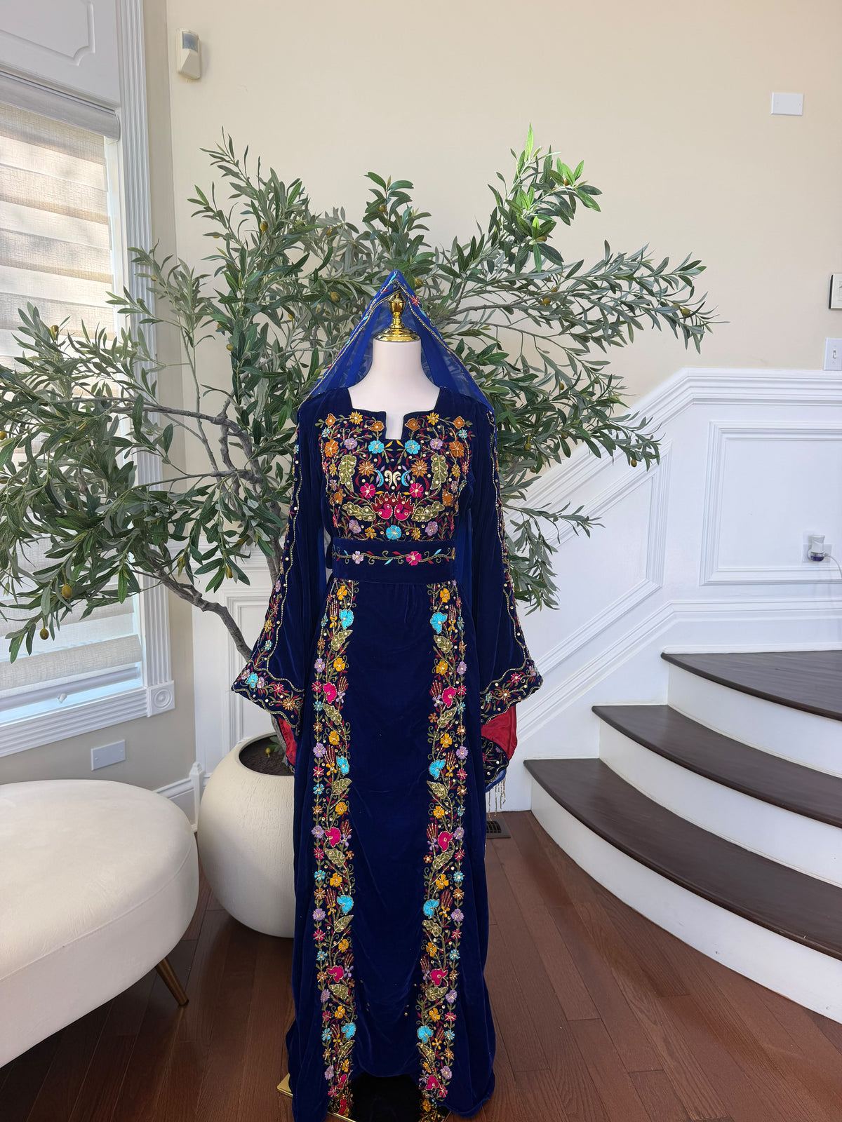 Midnight Blue Velvet Thobe with Intricate Multicolor Embroidery(scarf not included)