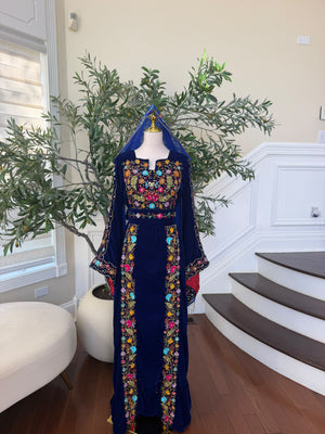 Midnight Blue Velvet Thobe with Intricate Multicolor Embroidery(scarf not included)