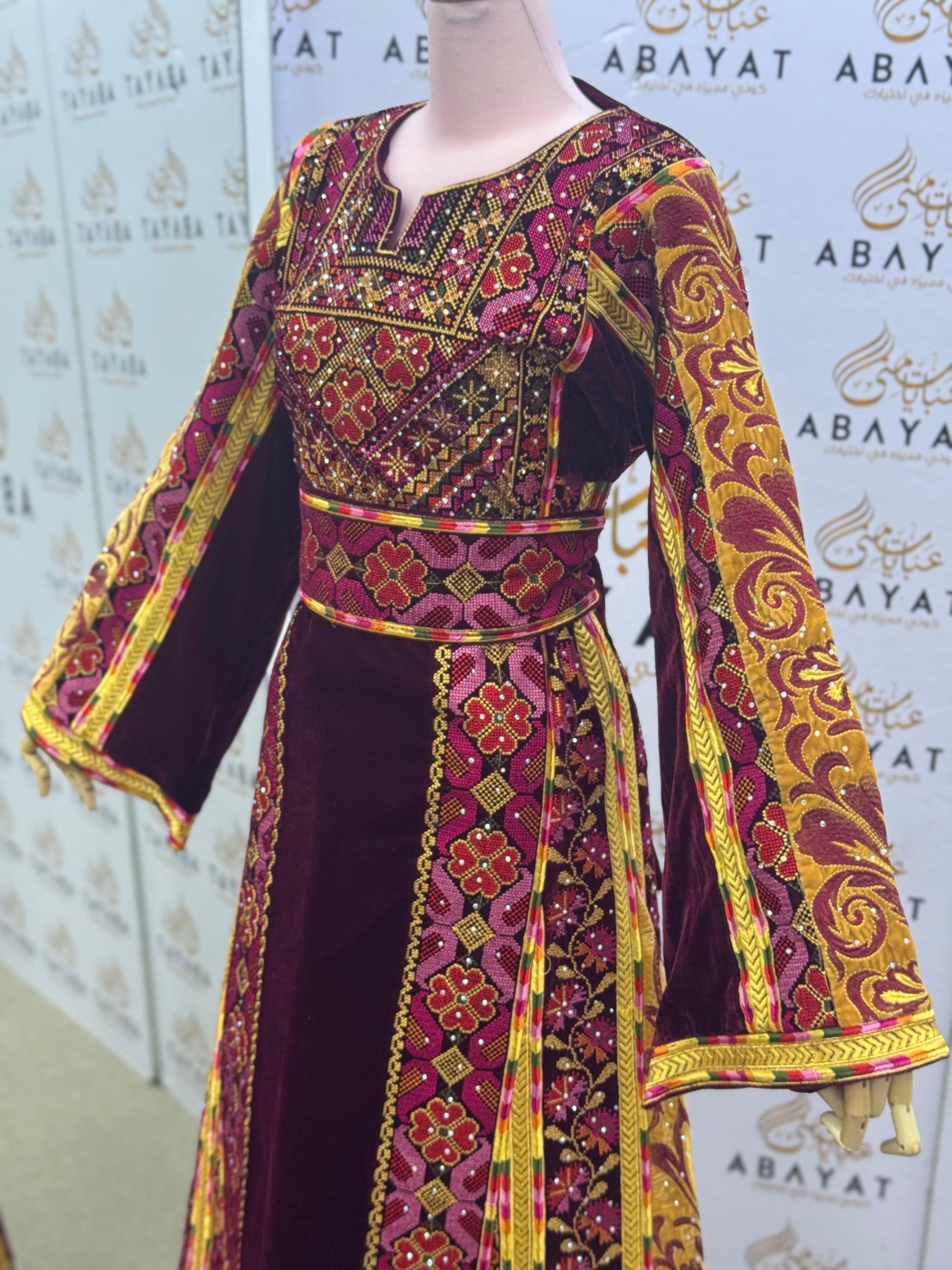 Royal Burgundy Velvet Palestinian Thobe – Golden Embroidery