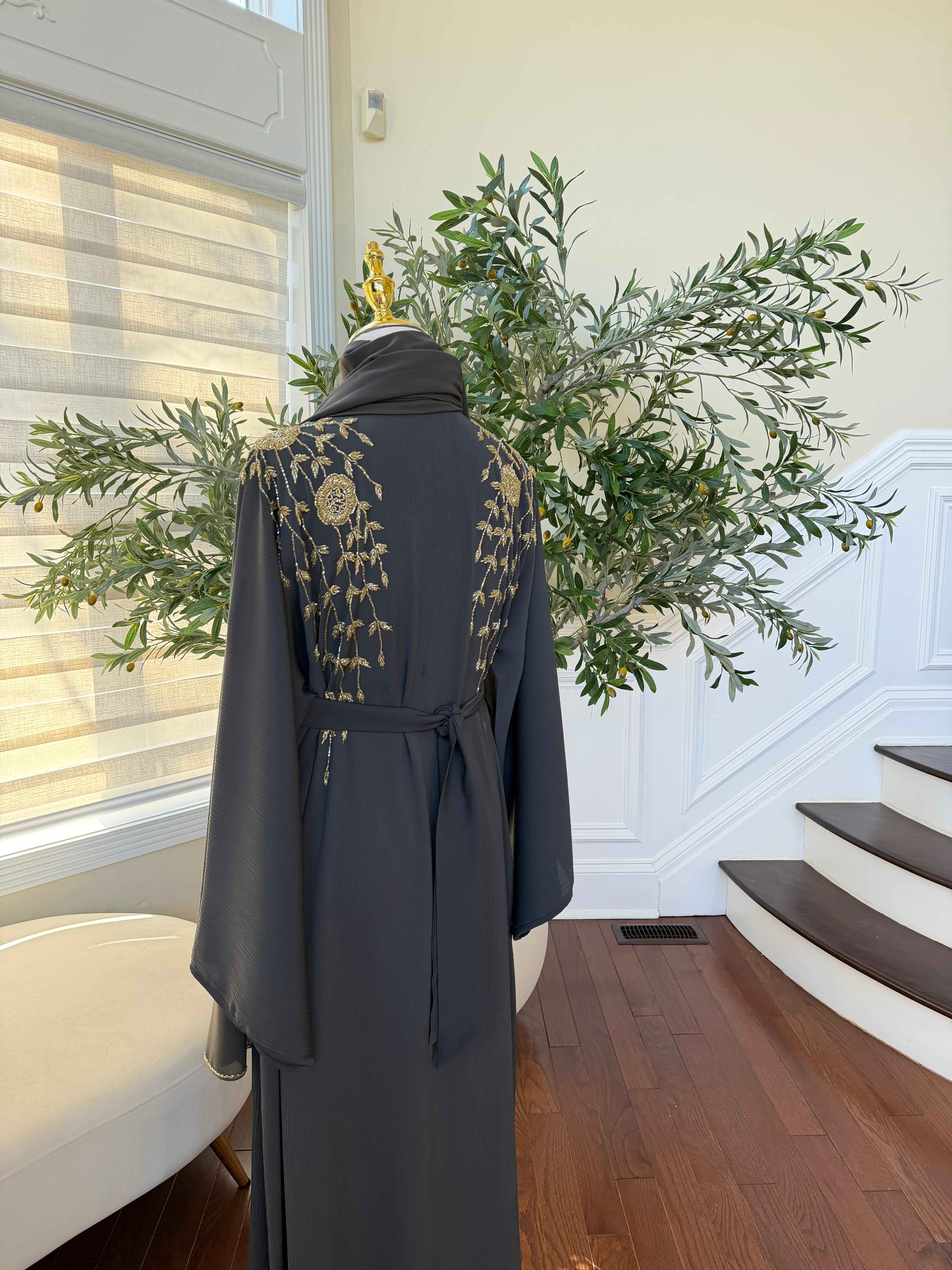 Golden Grey Beaded Floral Abaya