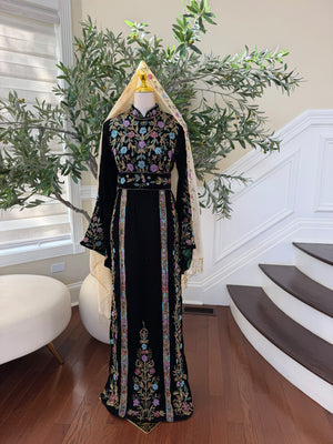 Elegant Black Velvet Thobe with Multicolor Floral Embroidery(scarf not included)