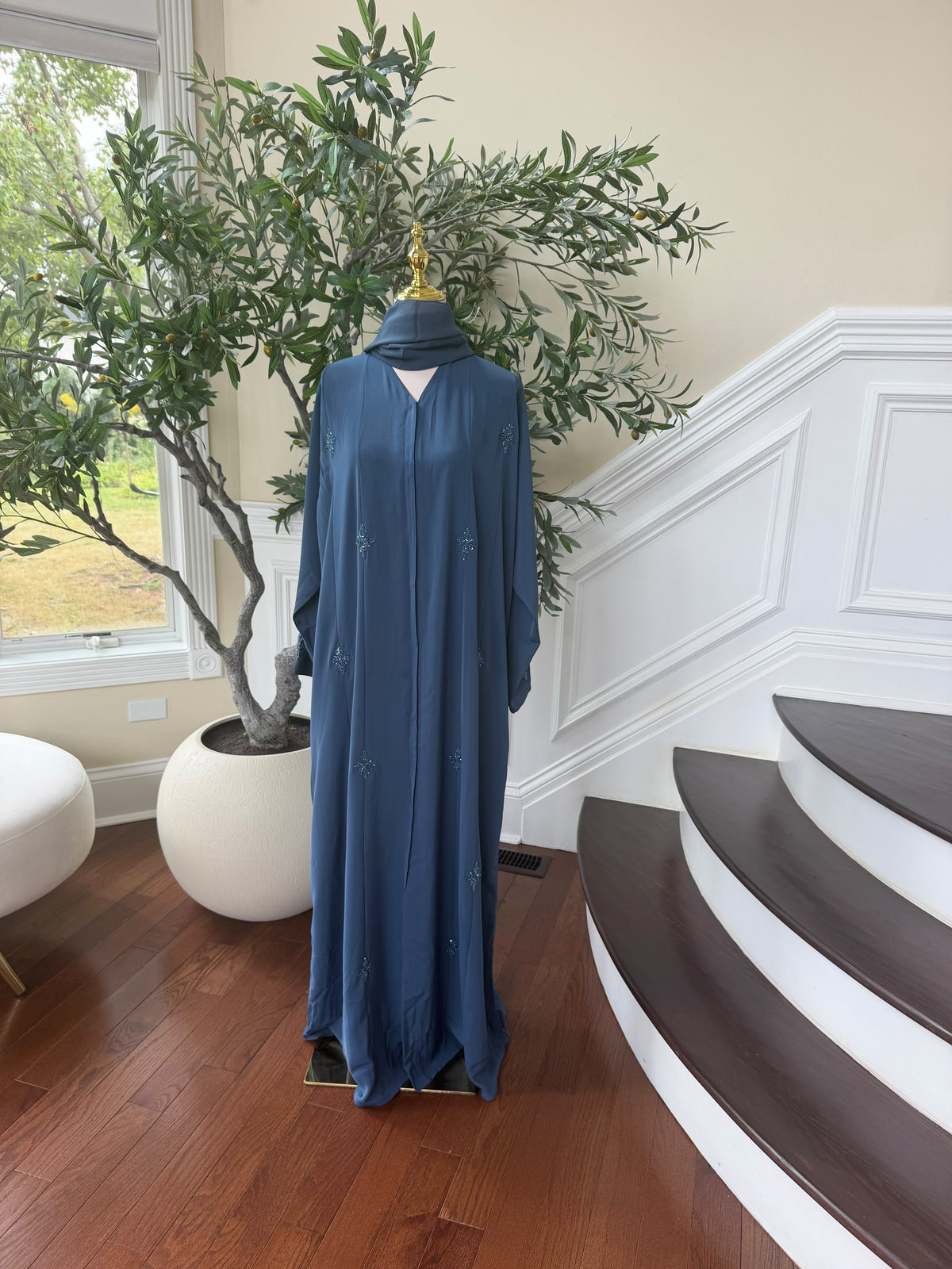 Blue Beaded Nada Fabric Charm Abaya