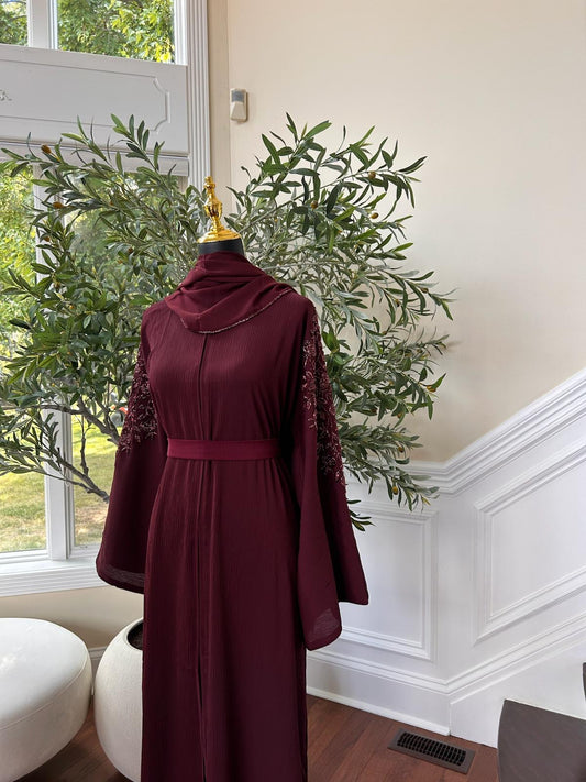 Floral Burgundy Sleeve Charm Abaya