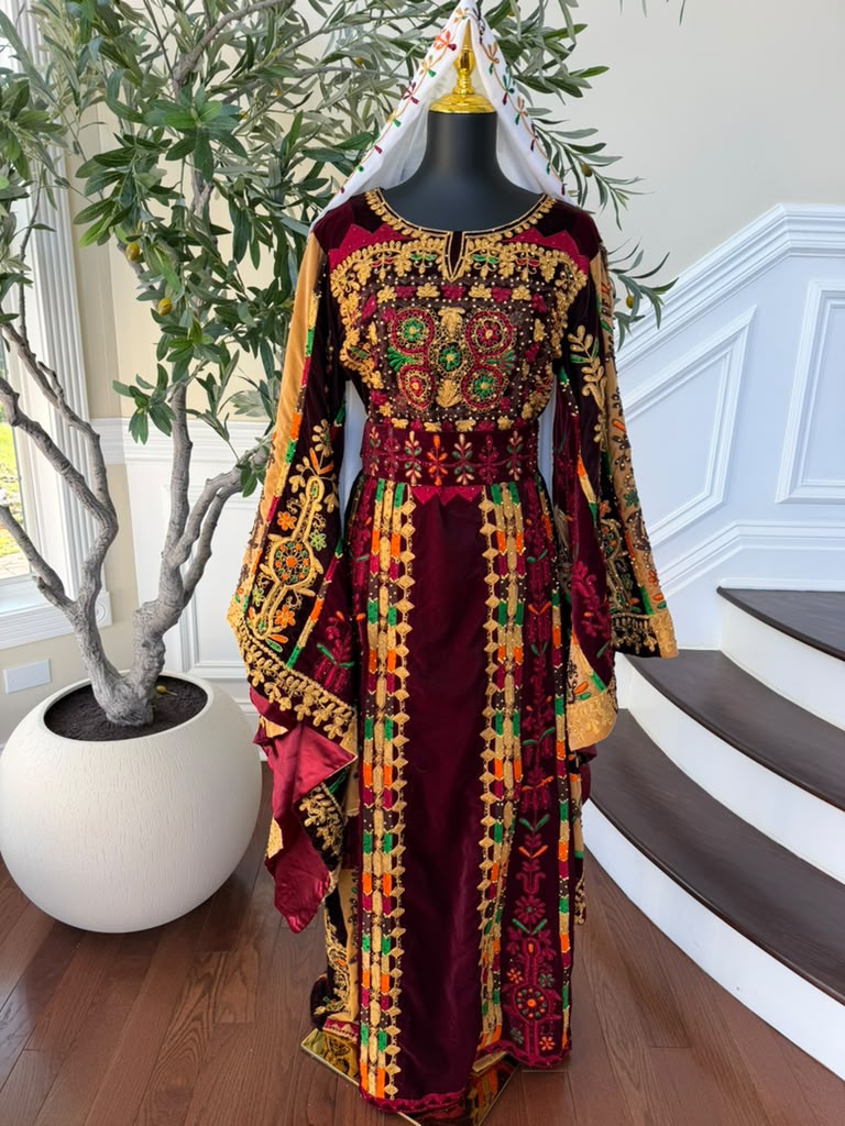 Burgundy Velvet Embroidery Tatreez Thobe