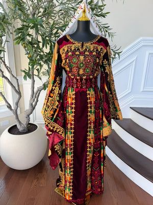 Burgundy Velvet Embroidery Tatreez Thobe