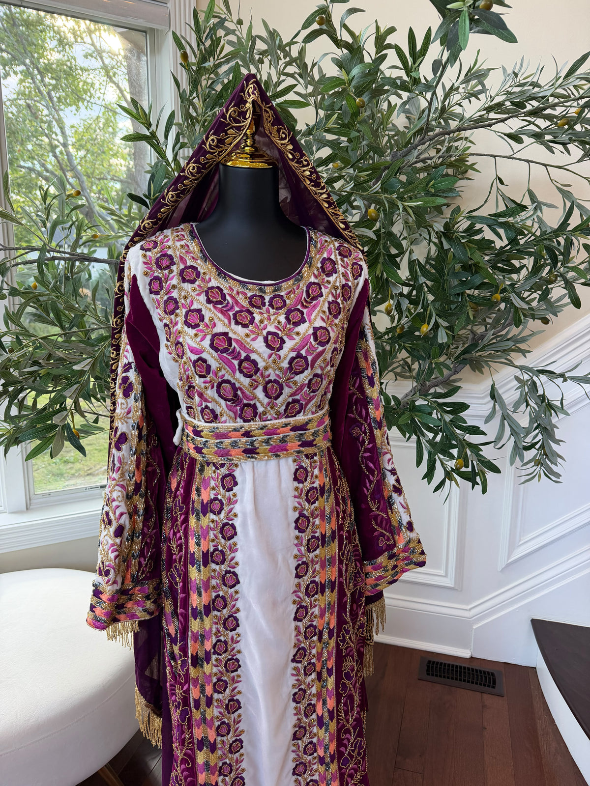 Elegant Purple and Cream Thobe with Intricate Floral Embroidery and Gold Accents (scarf not included)